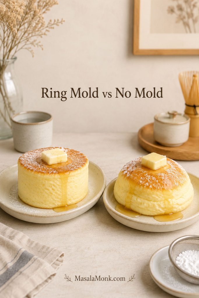 A straight-sided ring mold Japanese pancake beside a softer no-mold Japanese pancake on plates.