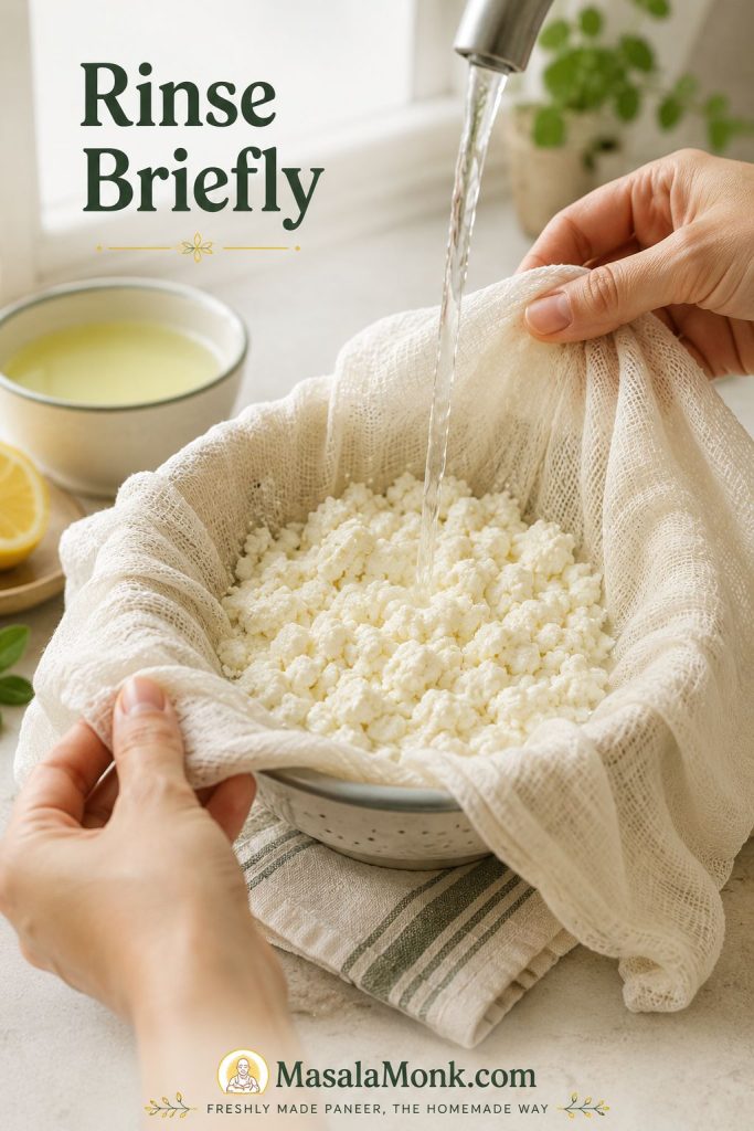 Paneer curds in muslin being briefly rinsed under cool water to reduce lemon or vinegar sourness.