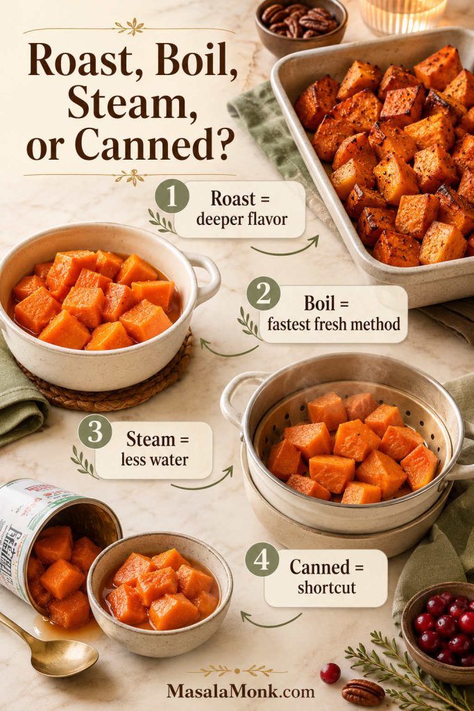 Cooking method guide for sweet potatoes showing roasted chunks, boiled chunks, steamed pieces, and canned yams for casserole