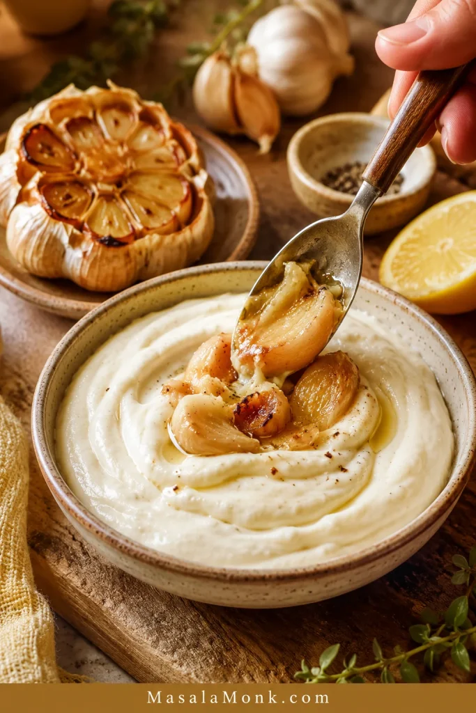 Roasted garlic cloves being added to a bowl of creamy aioli with a roasted garlic bulb, lemon, and garlic nearby.