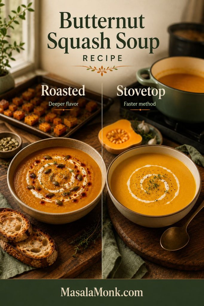 Side-by-side comparison of roasted butternut squash soup and stovetop butternut squash soup served in two bowls.