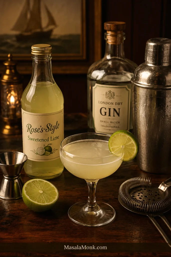 Rose’s-style lime Gimlet in a coupe beside gin, sweetened lime bottle, jigger, shaker, strainer, and fresh lime.