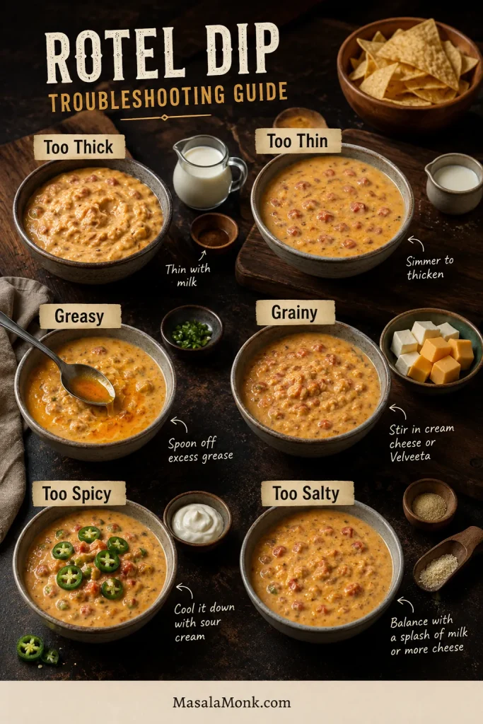A Rotel dip troubleshooting board with bowls labeled too thick, too thin, greasy, grainy, too spicy, and too salty, plus small fix ingredients.
