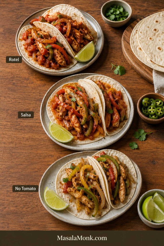 Three slow cooker chicken fajita variations labeled Rotel, Salsa, and No Tomato, each served in tortillas with peppers, onions, lime, and cilantro.