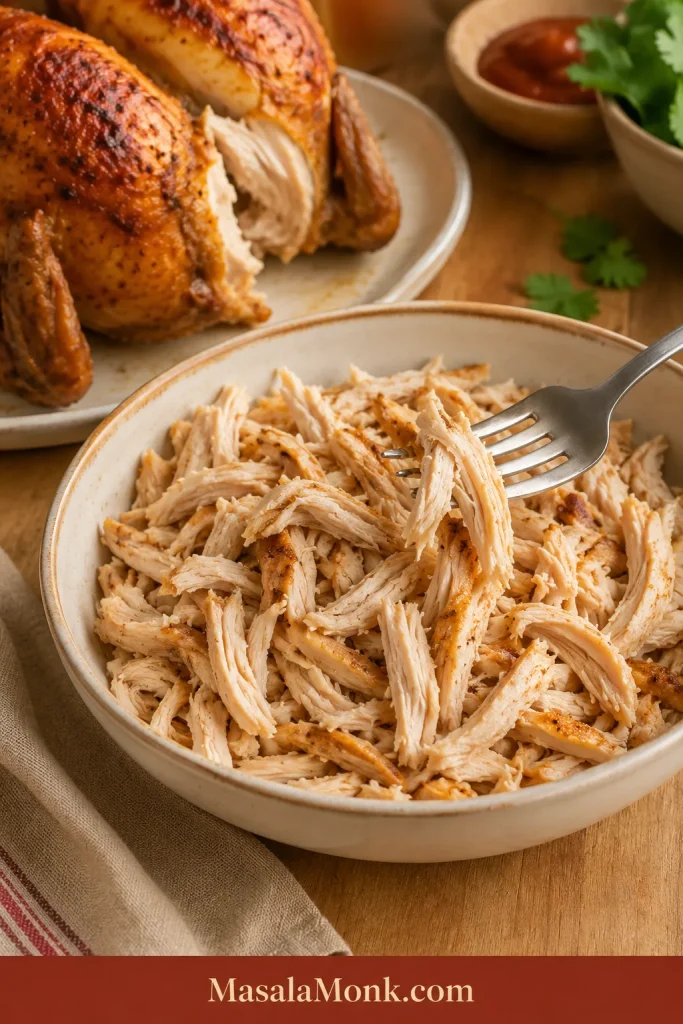 Shredded rotisserie chicken in a cream bowl with a fork pulling strands, with part of a roasted chicken in the background.