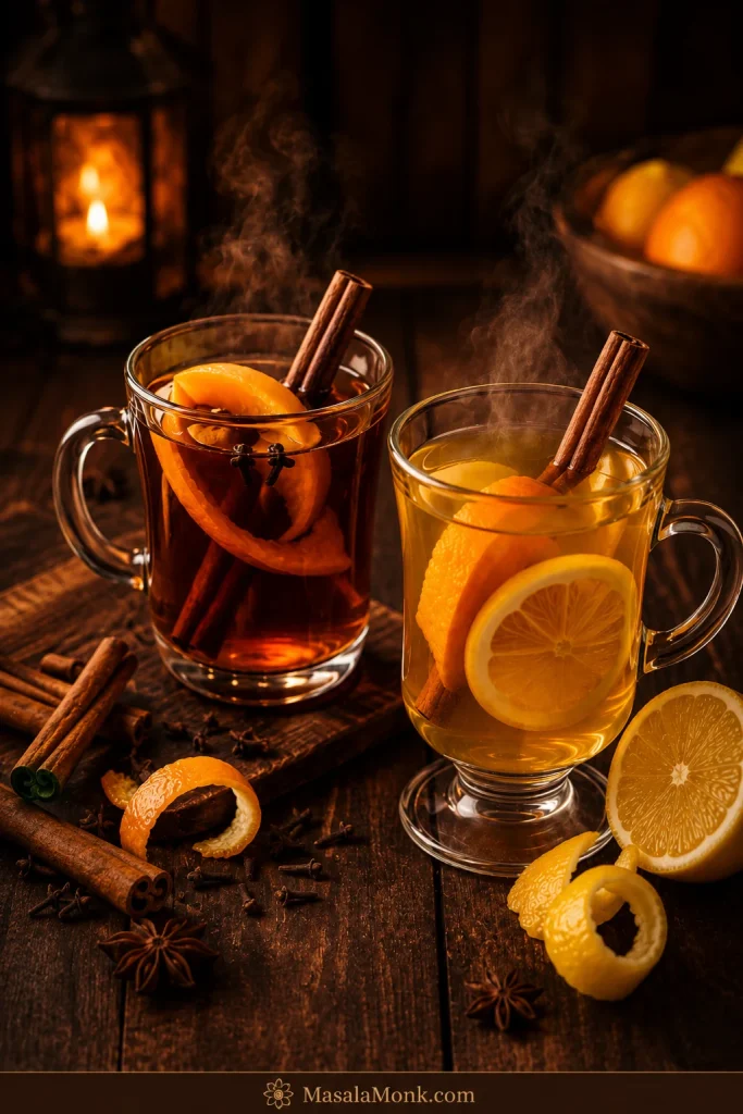 Two steaming hot toddy variations, one darker rum-style drink with orange and spice and one lighter brandy or Cognac-style drink with lemon and citrus peel.
