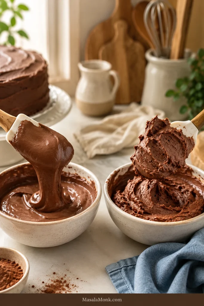 Loose chocolate cream cheese frosting beside thicker frosting that holds shape after chilling.