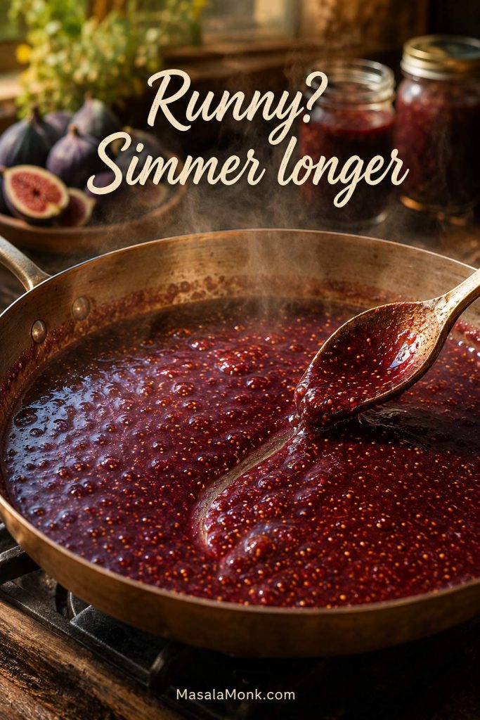 Runny fig jam simmering again in a wide pan to thicken.