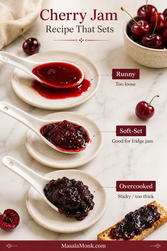 Three labeled cherry jam samples showing runny jam, soft-set jam, and overcooked jam on white spoons.