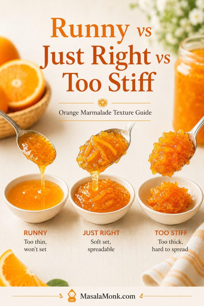 Three bowls and spoons comparing runny orange marmalade, softly set marmalade, and overly stiff marmalade.