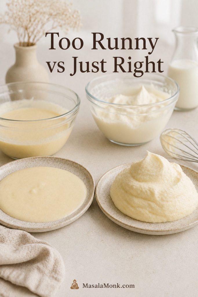 Runny Japanese pancake batter compared with thicker moundable batter in two bowls.