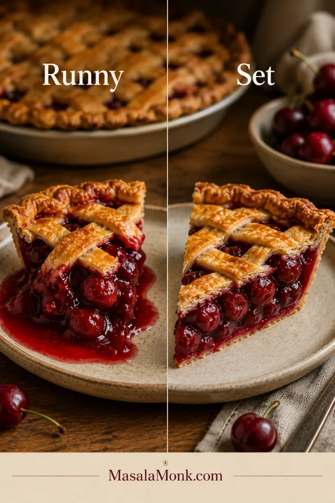 Split comparison of a runny cherry pie slice with filling spreading on the plate and a set cherry pie slice holding its shape.