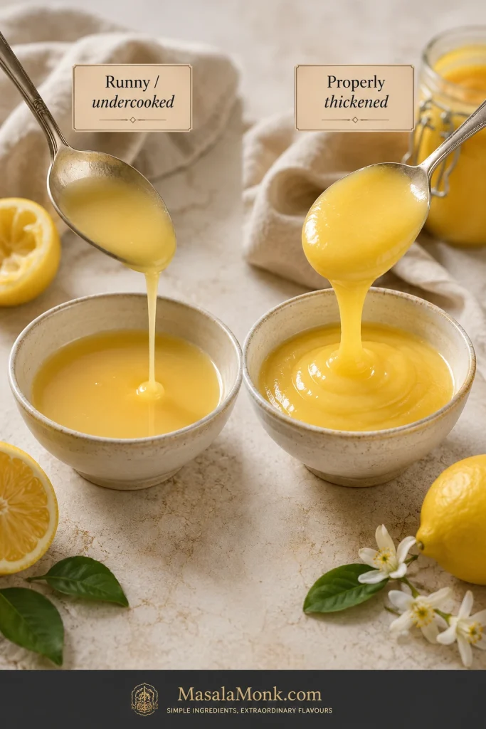 A comparison of runny undercooked lemon curd and properly thickened lemon curd dripping from spoons into bowls.