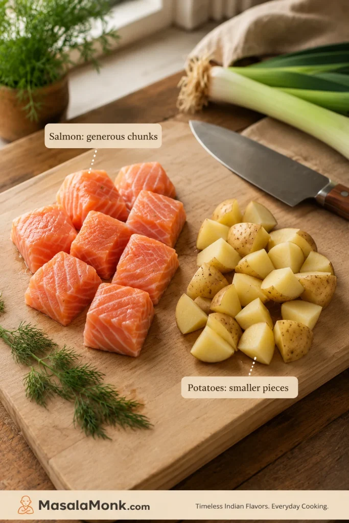 Raw salmon chunks and smaller diced potatoes on a cutting board for salmon soup prep.