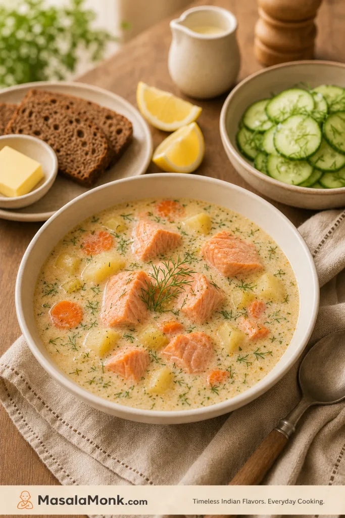 Salmon soup served with rye bread, butter, cucumber salad, lemon wedges, dill, and a spoon on a wooden table.