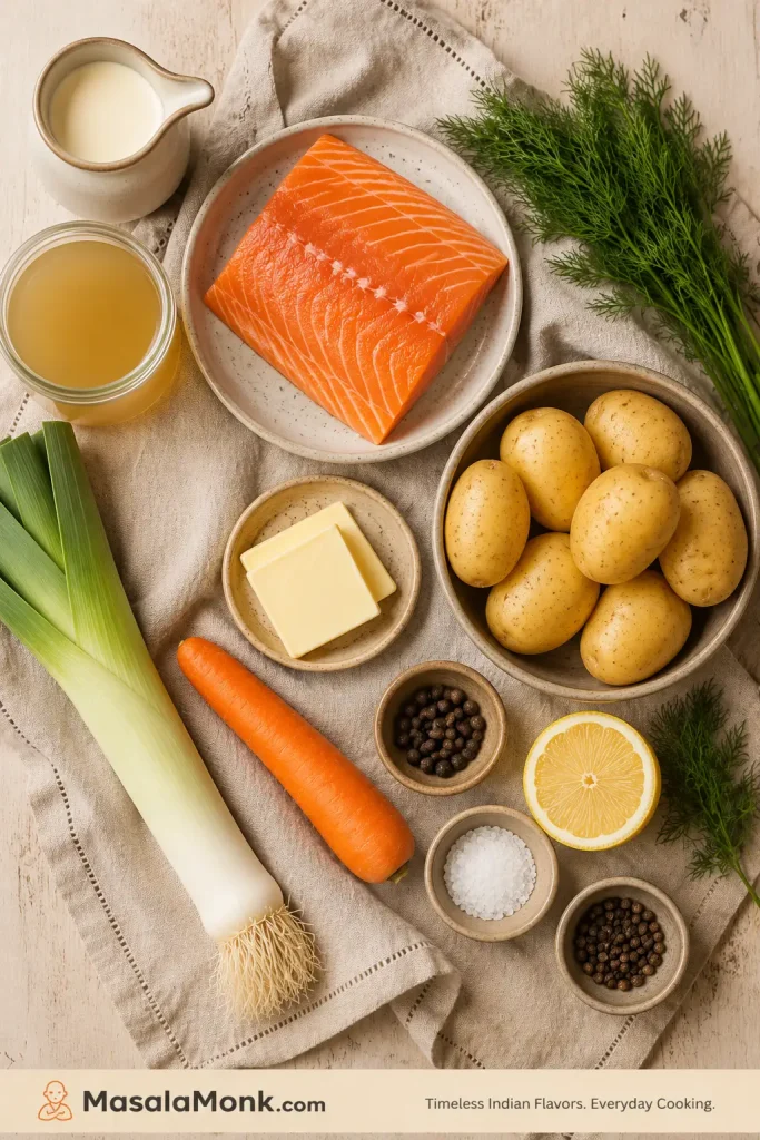 Salmon soup ingredients on a table, including salmon, potatoes, leek, carrot, dill, lemon, cream, stock, butter, salt, and pepper.