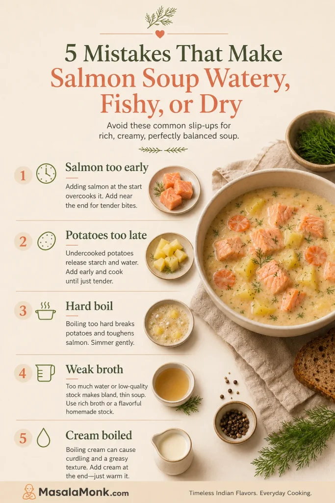 Infographic listing five salmon soup mistakes: adding salmon too early, adding potatoes too late, boiling hard, using weak broth, and boiling cream.
