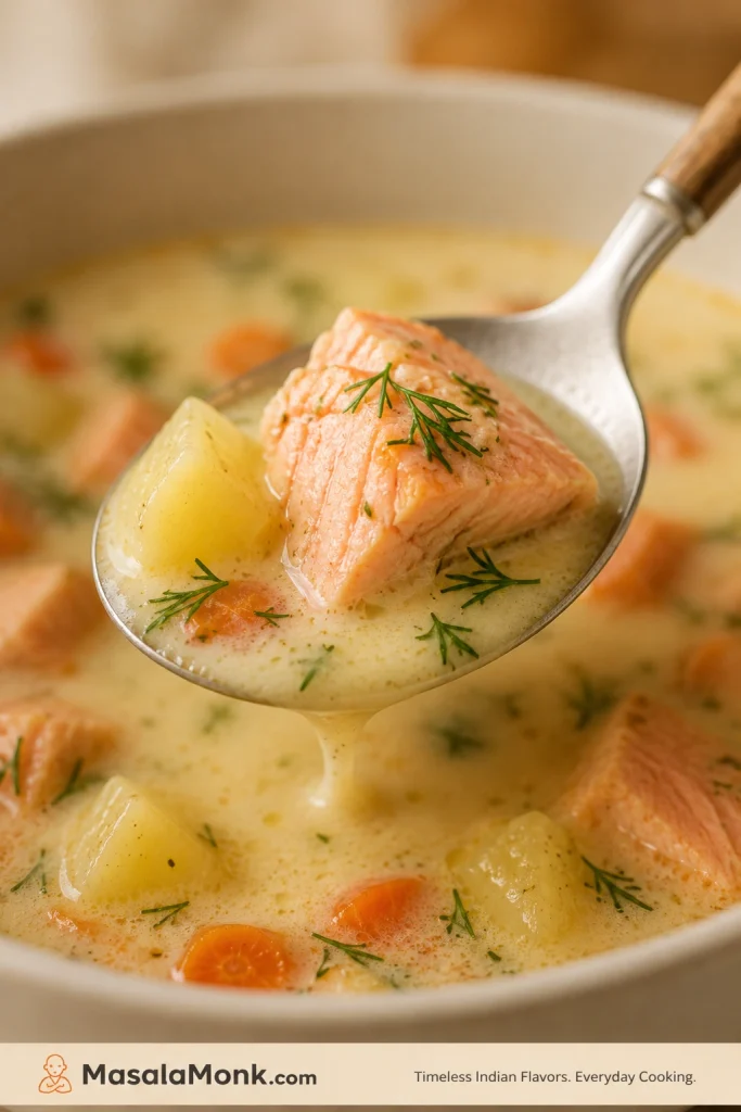 Spoon lifting salmon soup with a salmon piece, potato, carrot, dill, and light cream broth.