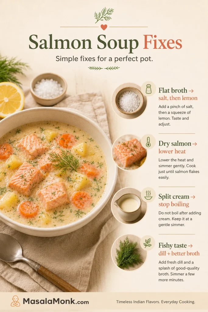 Troubleshooting guide for salmon soup showing fixes for flat broth, dry salmon, split cream, and fishy taste.