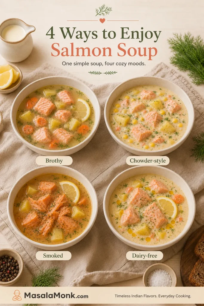 Four bowls showing brothy salmon soup, chowder-style salmon soup, smoked salmon soup, and dairy-free salmon soup.