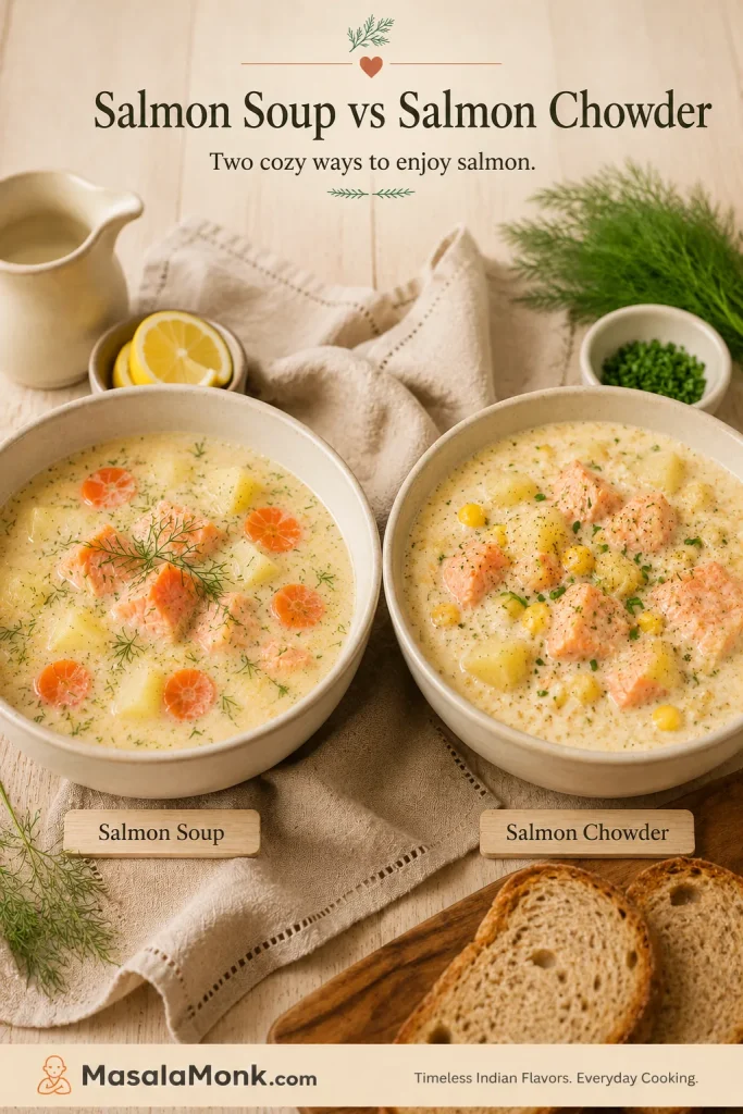 Two bowls comparing lighter salmon soup with thicker salmon chowder containing salmon, potatoes, corn, and cream.