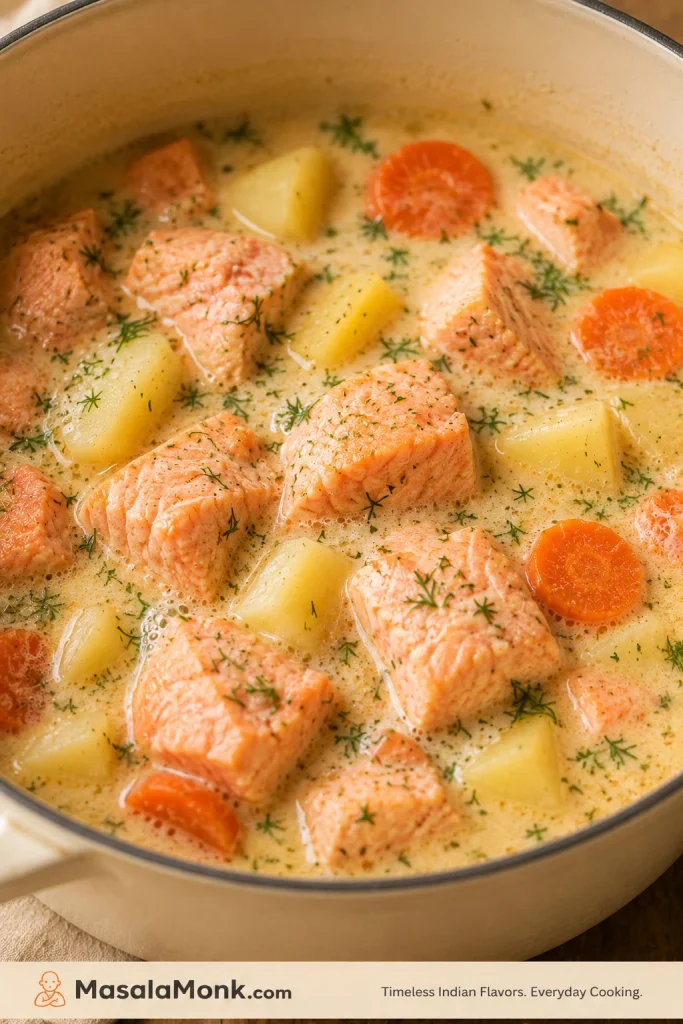 Close-up of salmon pieces turning opaque in creamy soup with potatoes, carrots, and dill.