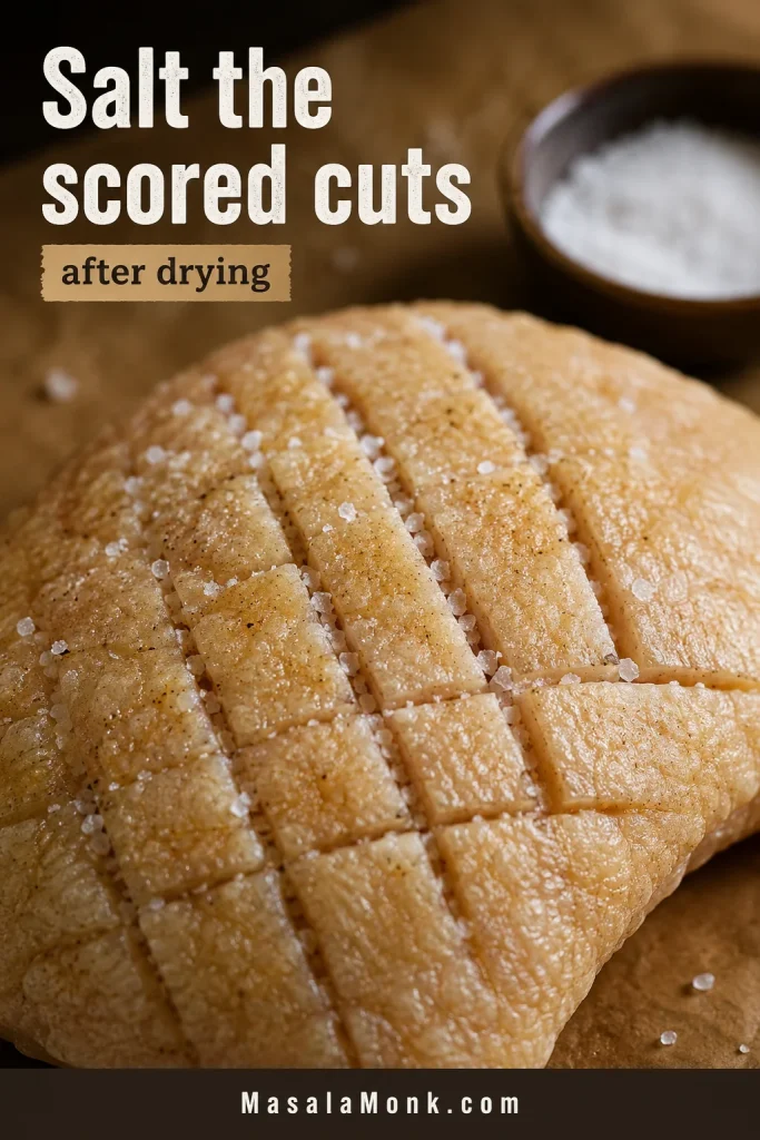 Flaky salt rubbed into the scored cuts of dry pork rind before roasting.