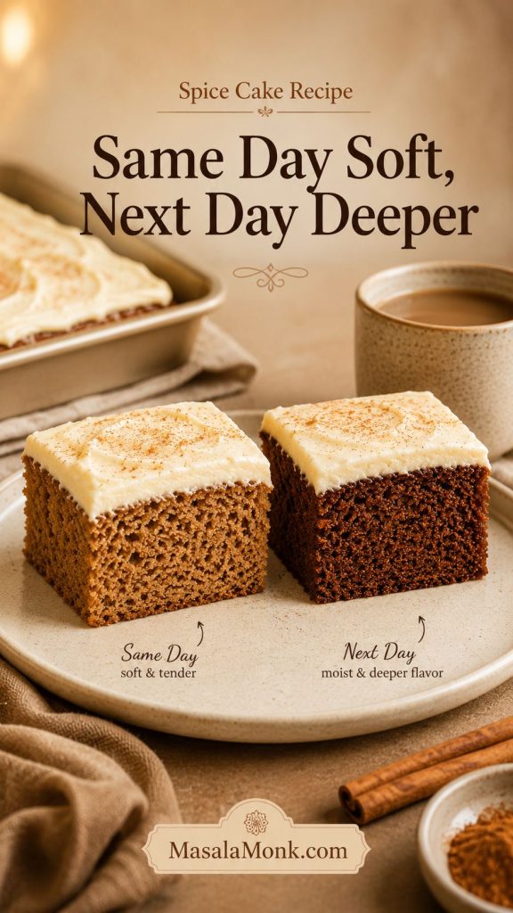Two frosted spice cake squares on a plate labeled same day and next day, showing a lighter fresh slice and a darker settled slice.