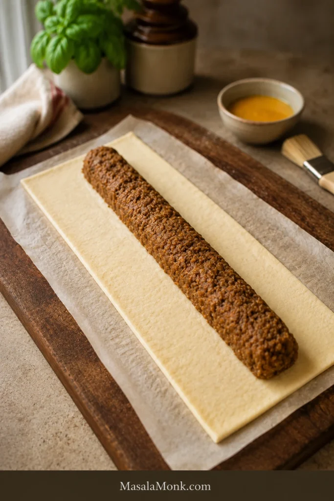 A slim sausage filling log placed down the center of a puff pastry strip with clear pastry borders.
