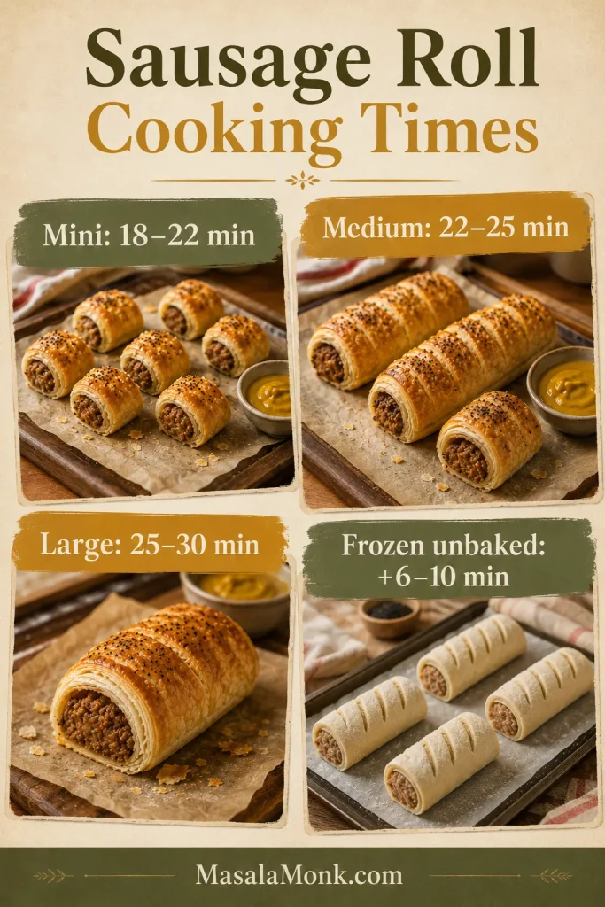 Cooking time guide for mini, medium, large, and frozen unbaked sausage rolls.