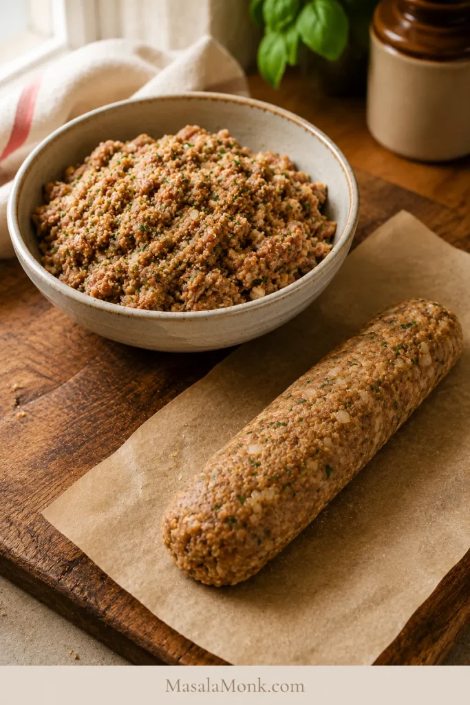 Mixed sausage roll filling in a bowl with a shaped sausage filling log on parchment.