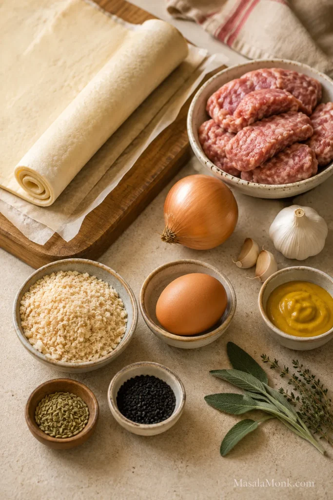 Puff pastry, sausage meat, onion, garlic, breadcrumbs, egg, mustard, herbs, and seeds arranged on a kitchen work surface.