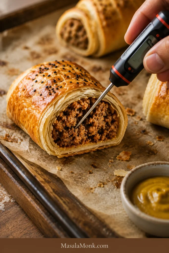 Instant-read thermometer inserted into the cooked filling of a baked sausage roll.