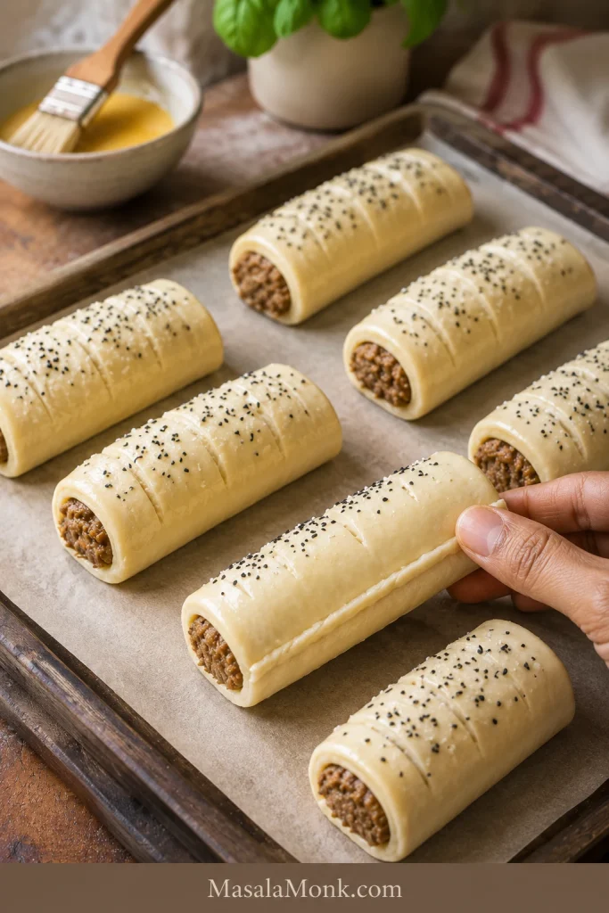 Unbaked sausage rolls brushed with egg wash and arranged seam-side down on a parchment-lined tray.