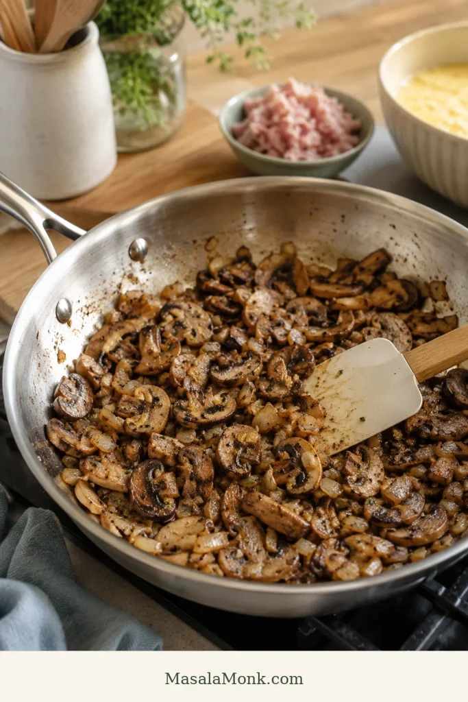 Sautéed mushrooms and onions in a skillet with a spatula, browned and cooked down with no pooled liquid.