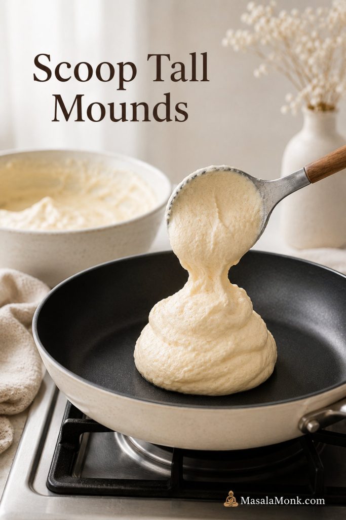 Thick Japanese pancake batter being scooped into a tall mound in a nonstick pan.