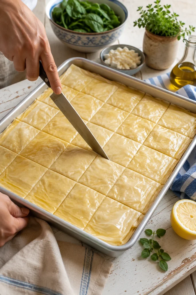 A knife scoring the top of an unbaked spanakopita tray into portions before baking.