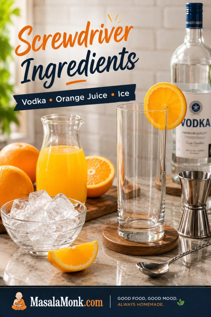 Screwdriver ingredients arranged on a light counter, including vodka, orange juice, oranges, ice, highball glass, jigger, and bar spoon.