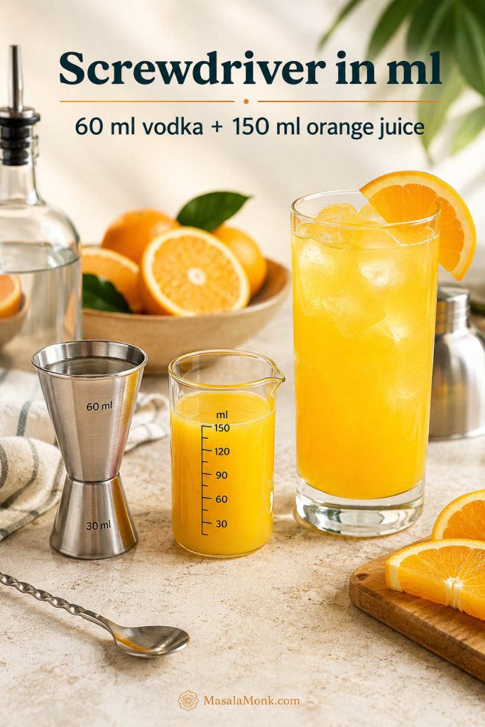 Metric Screwdriver measurement setup with a jigger, measuring cup, orange juice, and a highball glass labeled 60 ml vodka and 150 ml orange juice.