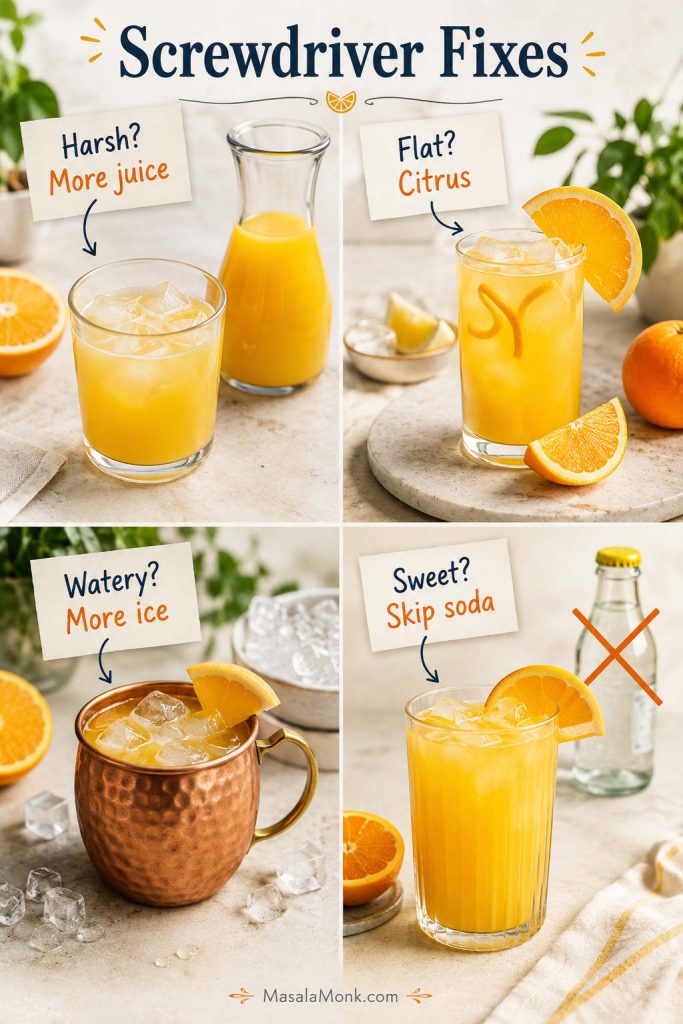 Four-panel Screwdriver troubleshooting guide showing fixes for harsh, flat, watery, and too-sweet drinks.
