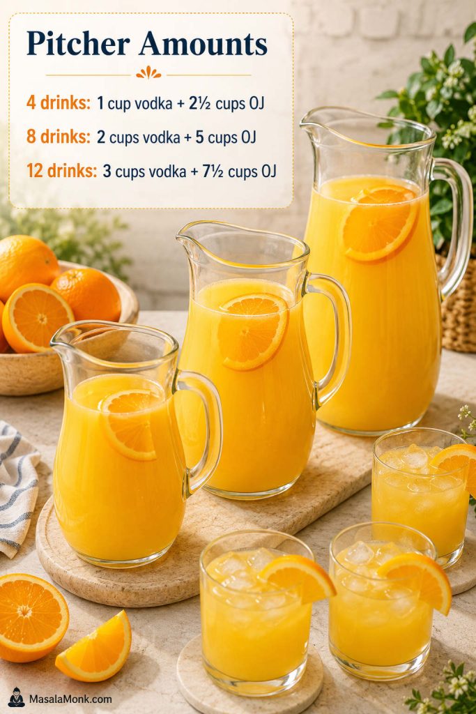 Three glass pitchers of orange Screwdriver mixture with text showing pitcher amounts for 4, 8, and 12 drinks.
