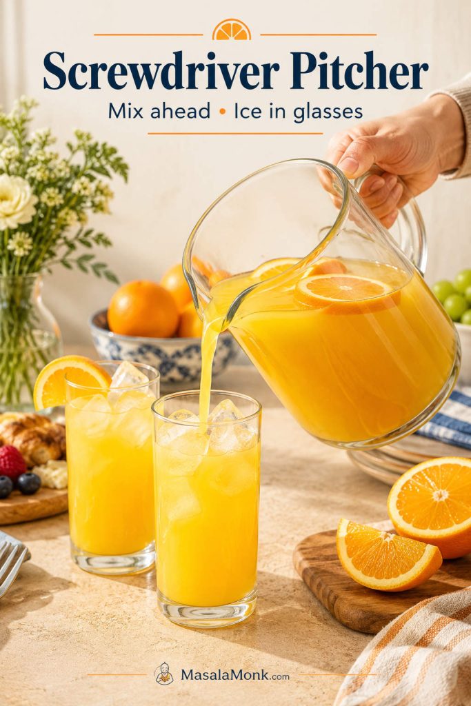 Clear pitcher of vodka and orange juice being poured into ice-filled highball glasses with orange slices nearby.
