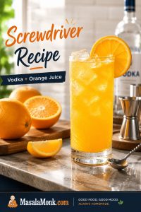 Tall highball glass of Screwdriver cocktail with vodka, orange juice, clear ice, orange wheel garnish, jigger, and bar spoon on a light counter.