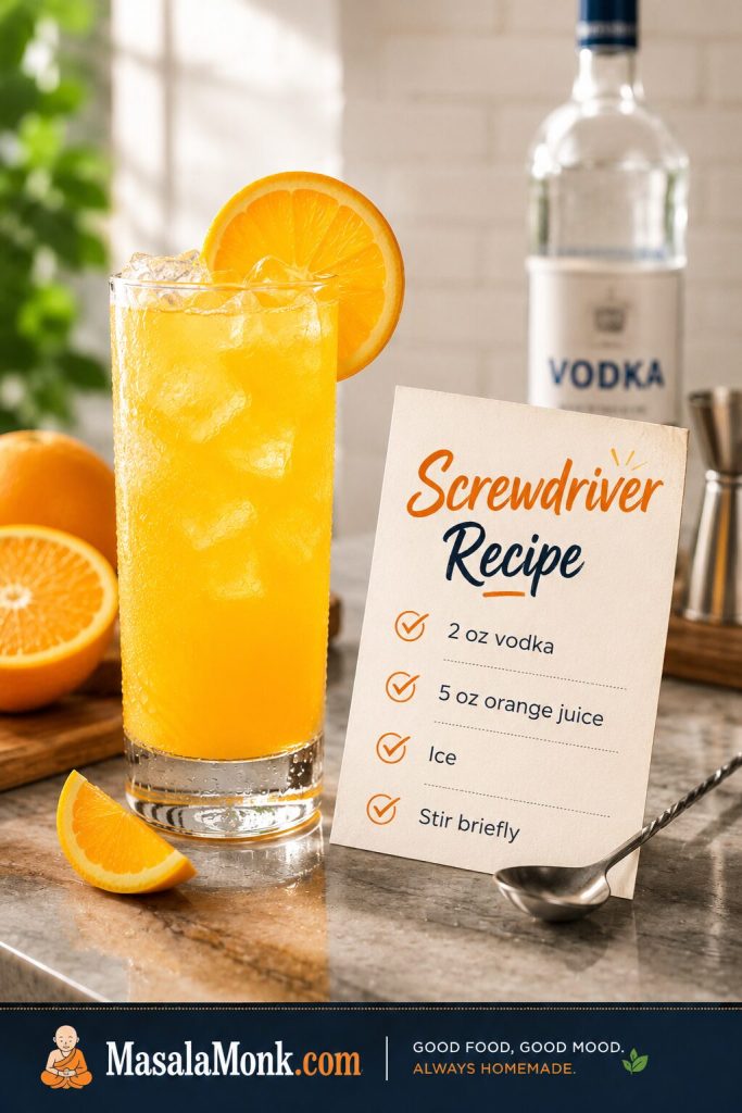 Saveable Screwdriver recipe card beside a finished orange cocktail with vodka, orange juice, ice, and brief stirring instructions.