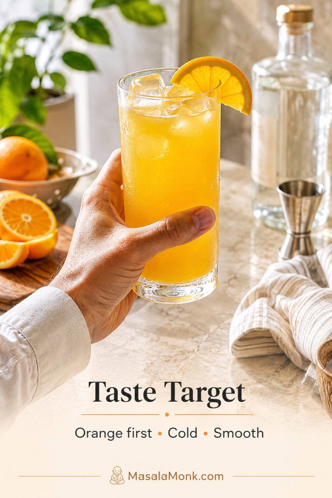 Hand holding a cold highball glass of Screwdriver cocktail with ice, orange garnish, and taste target text.