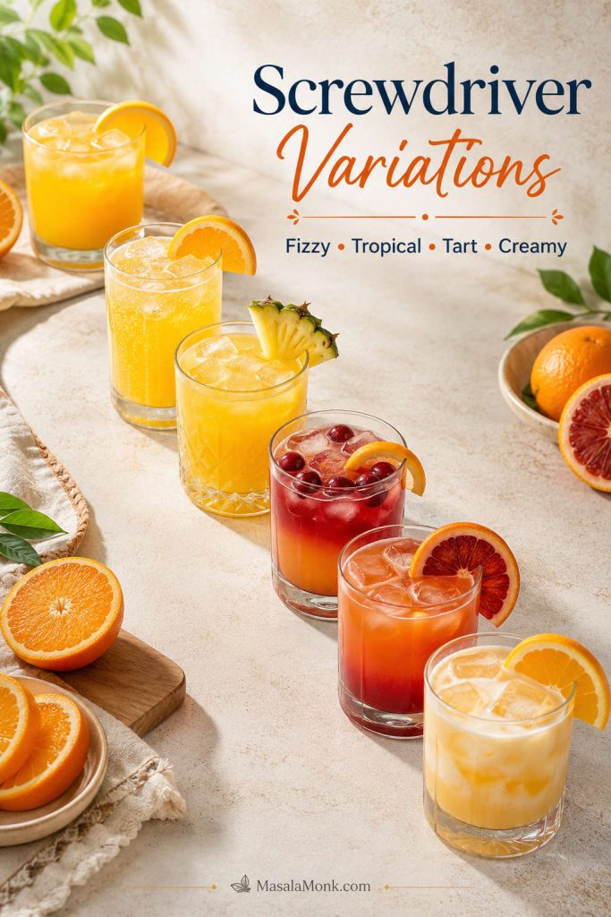 Six Screwdriver cocktail variations in tall glasses, including classic, fizzy, tropical, cranberry, blood orange, and orange-cream versions.