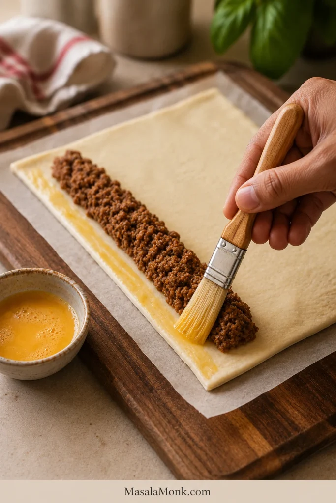 A pastry brush applying egg wash along the edge of puff pastry beside sausage filling.