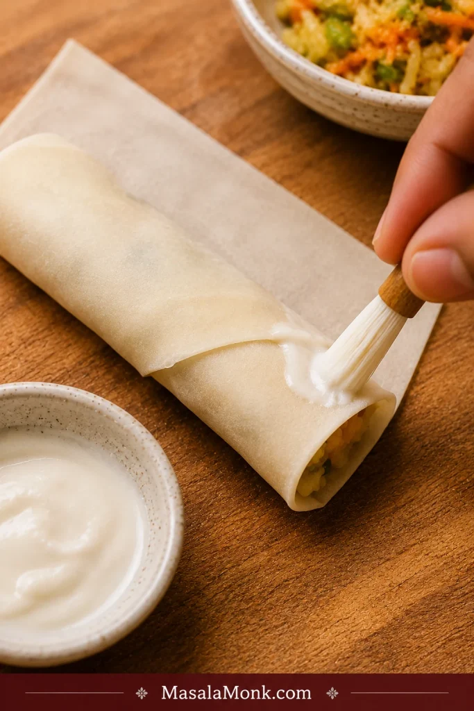 Thick sealing paste being brushed onto the final corner of a spring roll wrapper.