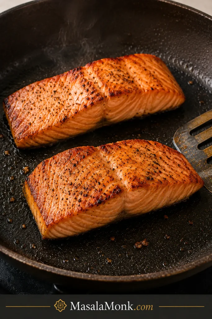 Salmon fillets searing in a dark skillet before sauce is added, with a metal spatula nearby.