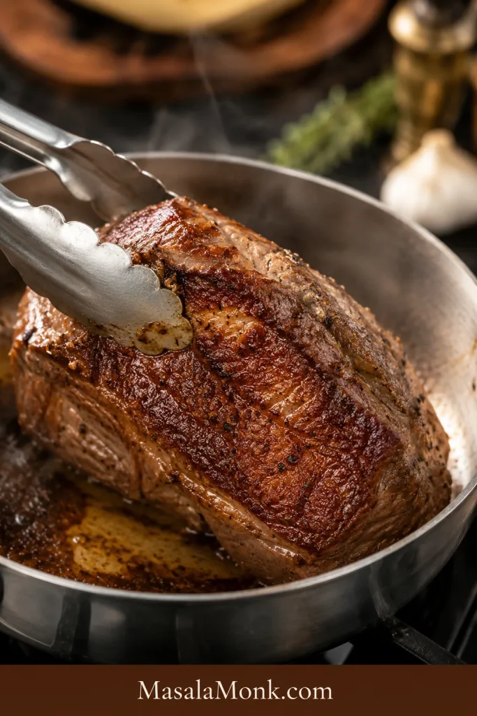 Beef shoulder roast browning in a skillet while metal tongs hold the meat.